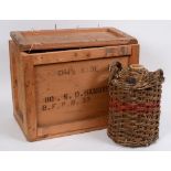 Two one gallon stone jars of navy rum, in wicker baskets,