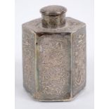 A Chinese hexagonal silver coloured metal tea caddy and cover, decorated figures, birds and foliage,