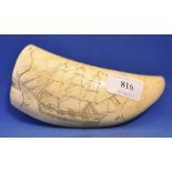 A scrimshaw style whale's tooth, decorated with a ship, 15.5 cm long Condition report Report by GH