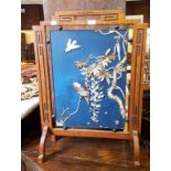 A firescreen, inset a Japanese panel decorated birds and foliage (some loss),