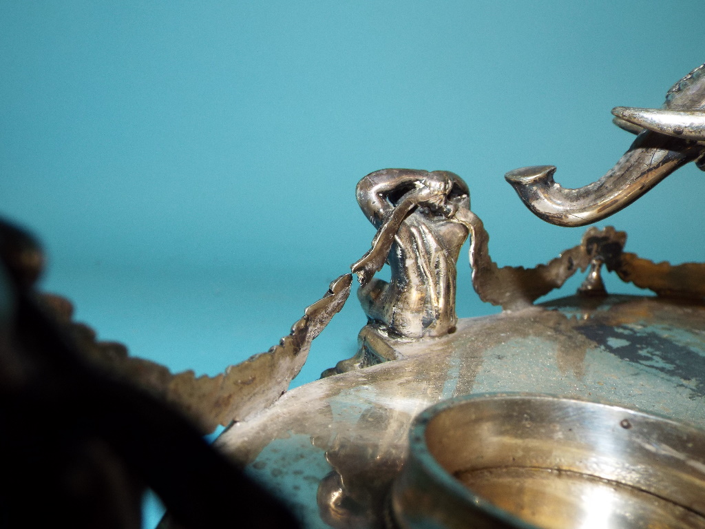 A Victorian silver plated ink stand, the central well with four elephant masks, flanked by a pair of - Image 7 of 9