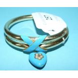 A Victorian bangle, with turquoise enamel decoration, and turquoise enamel heart suspension set seed