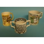 A loving cup, decorated hunting scenes, 12.5 cm high, a Prattware style frog mug, 12.