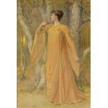 Beaumont, a full length portrait of a pre-Raphaelite style lady in a yellow dress, pastel,