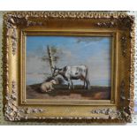 English school, 19th century, a cow and a sheep by a tree stump, oil on board, 30 x 40 cm,