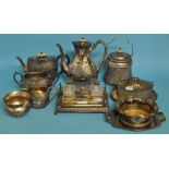 A silver plated inkstand, engraved WSYC Dulverton Troop, a plated four piece tea and coffee set,