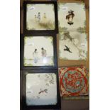 Nine Japanese porcelain panels, painted birds and figures, 15 cm square, five framed, and three