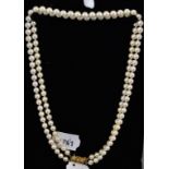 A two strand pearl necklace, with a 9ct gold clasp,