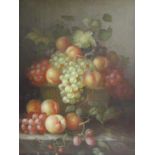 English school, a still life of a basket with grapes, peaches and other fruit, oil on board, 48.