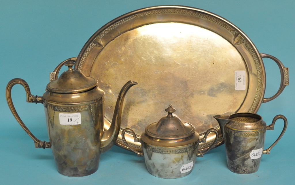 A WMF silver plated coffee service, comprising a coffee pot, a sugar box and cover, a milk jug,