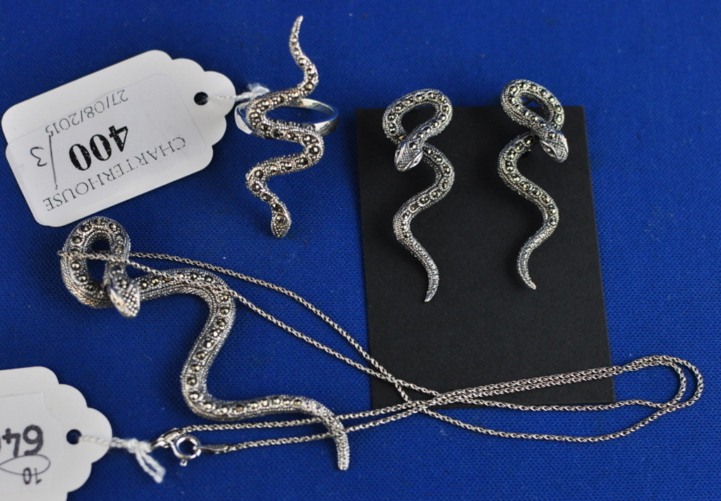 A pair of silver marcasite snake earring