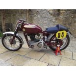 A 1956 Ariel VH500 road racer, registration number 965 UYE, maroon.