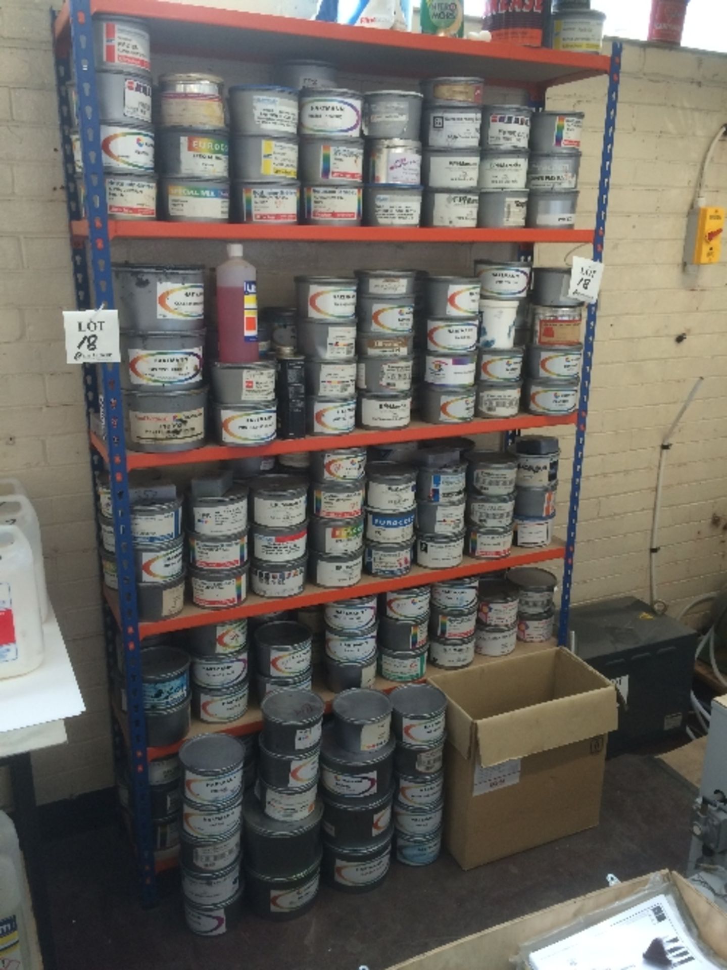 Contents of rack including large quantity of full and part tubs of various printer inks, including