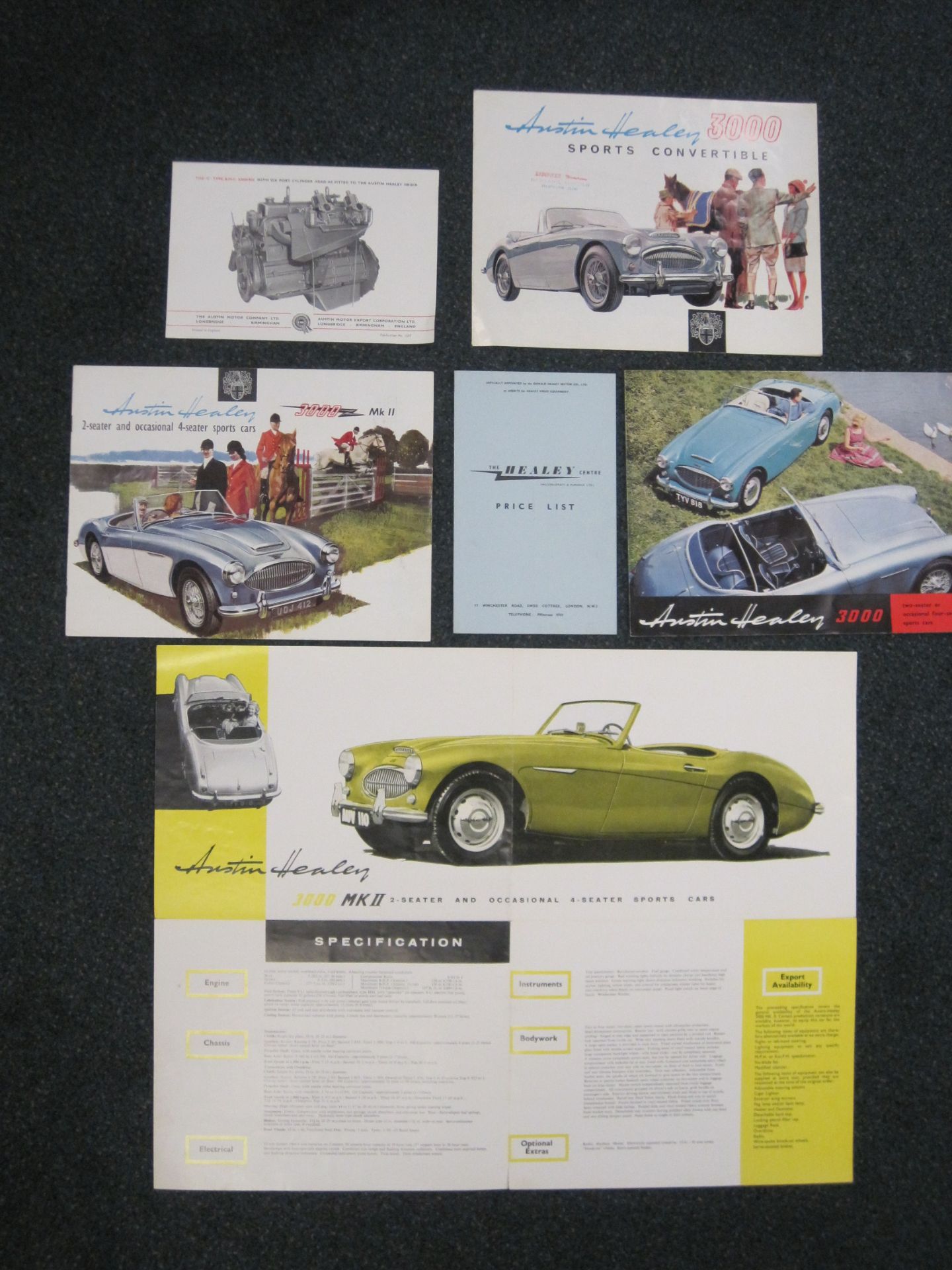 BMC sales brochures (6) on Austin Healey 3000, 3000 MKII, 3000 MKIIA, 100/6 'c' type BMC engine,