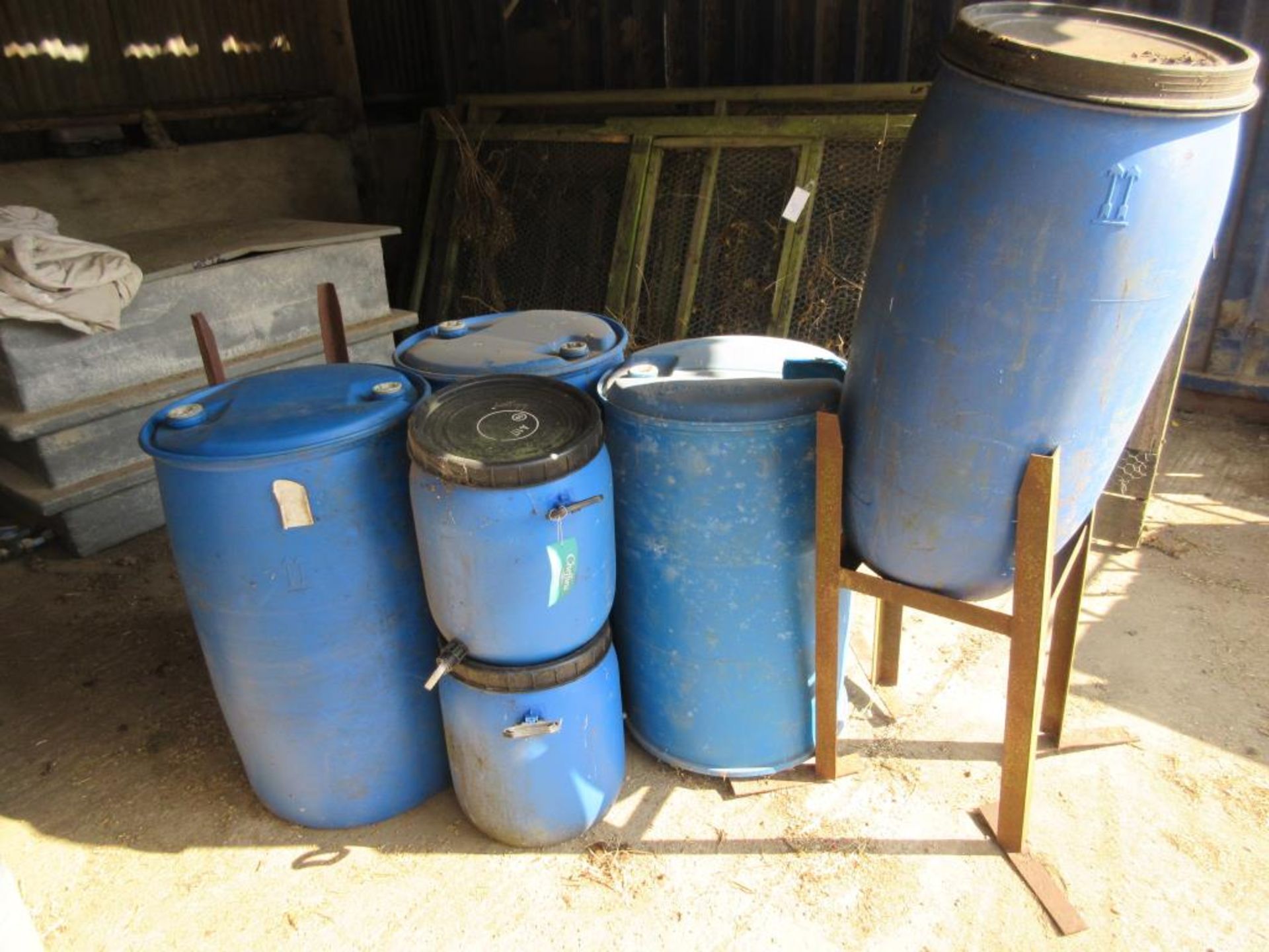 Qty plastic water drums, various sizes