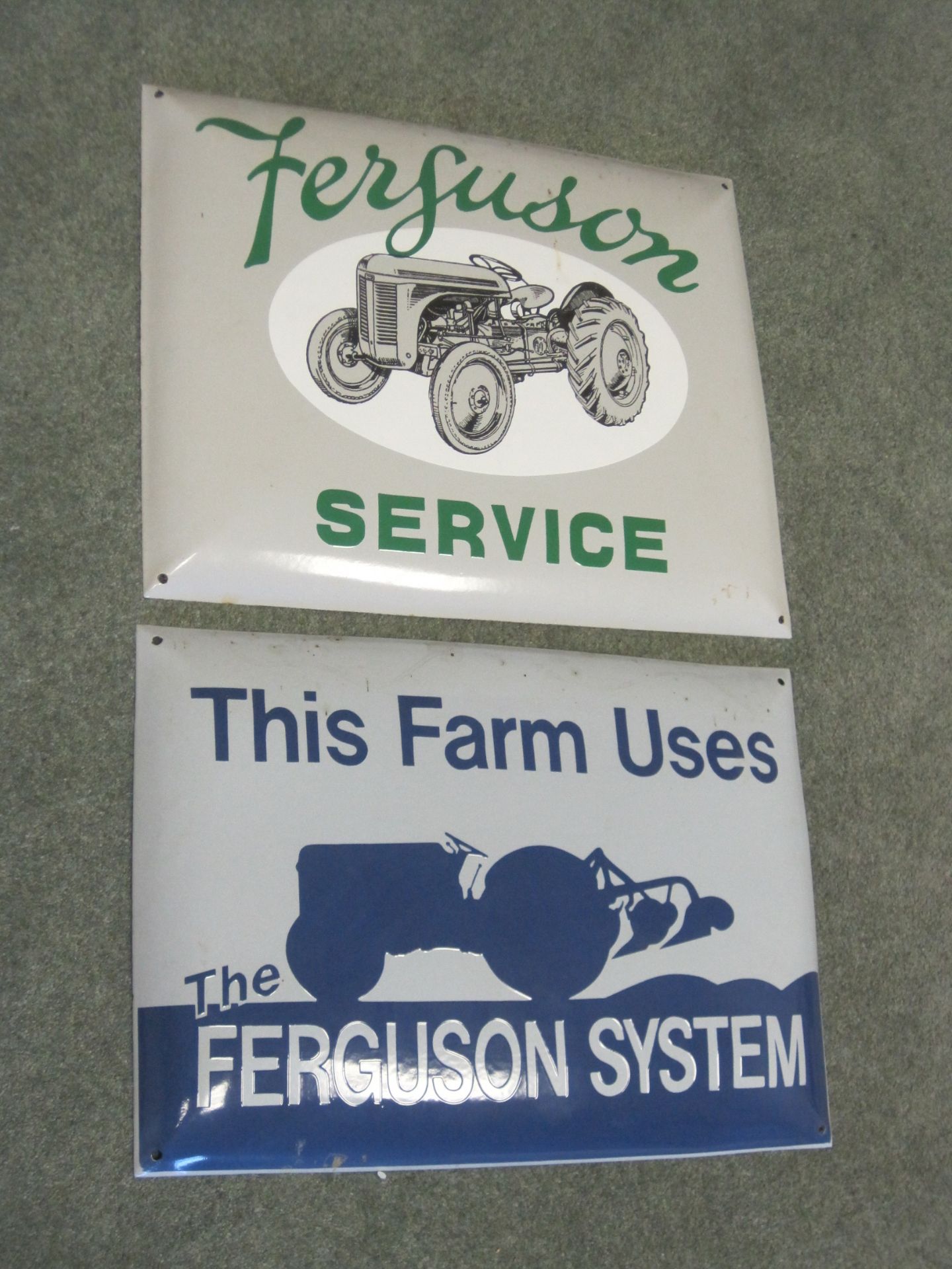 Ferguson Service and This Farm uses The Ferguson System, 2no. enamel signs of cushion form (