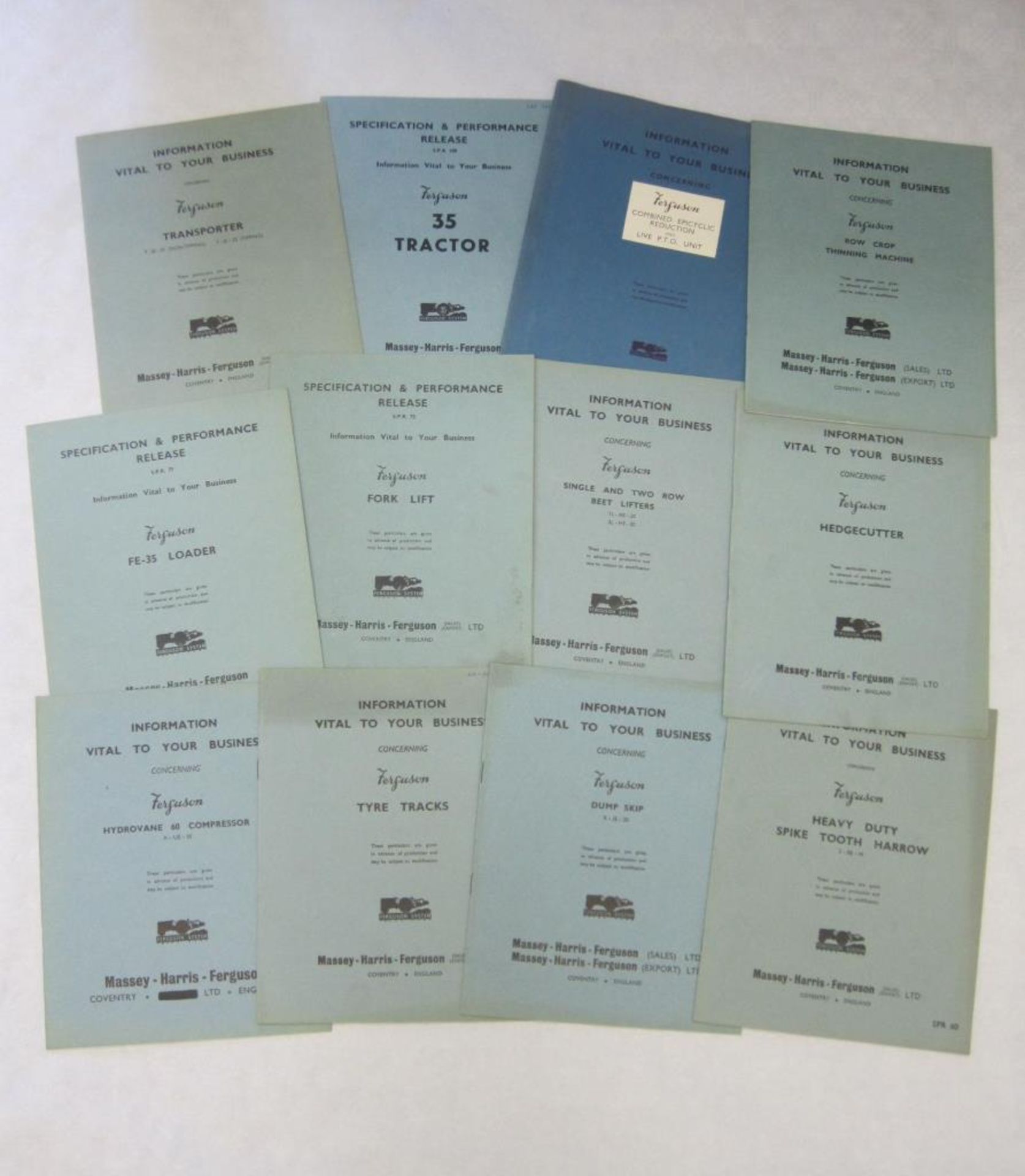 Massey-Harris Ferguson pre-production information booklets covering 35 tractor and many implements