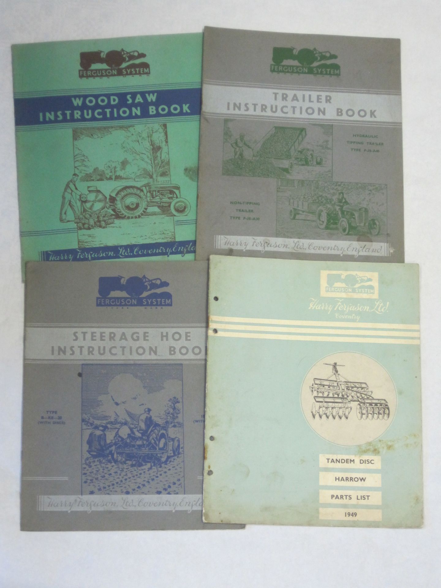 Ferguson System A4 Instruction books; wood saw, trailer, steerage hoe t/w 1949 tandem disc harrow