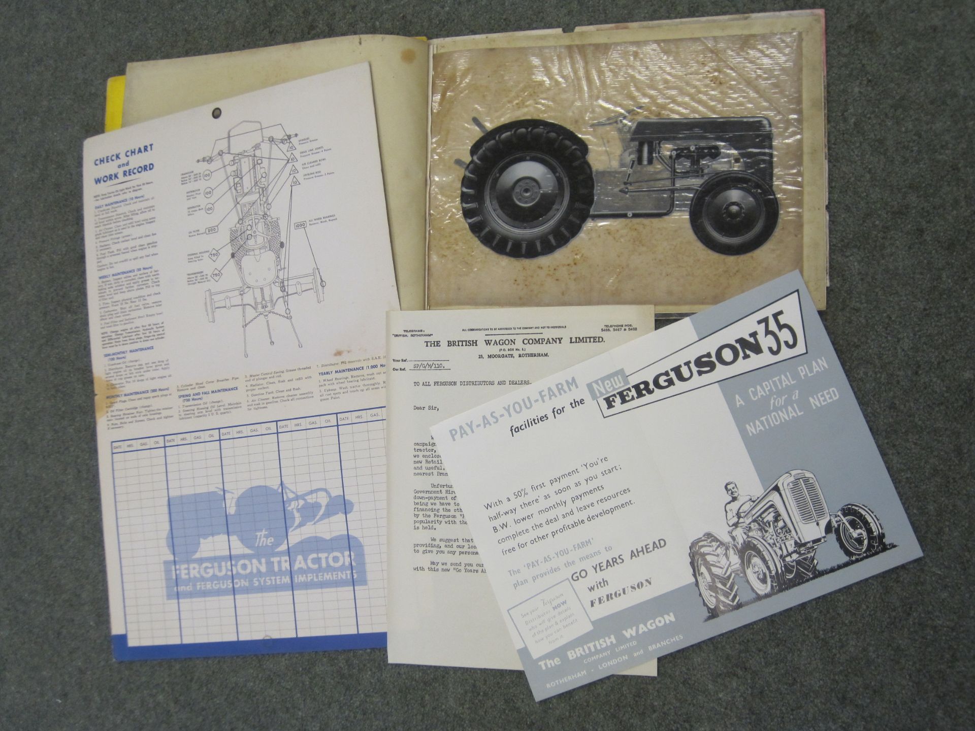 Ferguson work record chart, New Ferguson 35 flyer t/w accompanying letter and Shell Ferguson