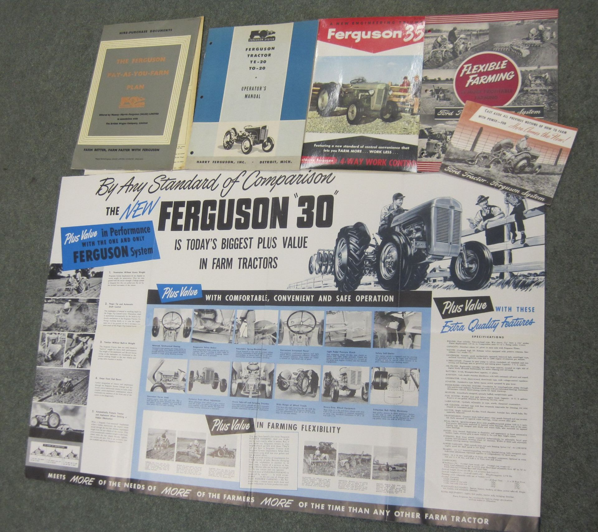 Ferguson 30 fold out brochure/poster t/w TE/TO-20 operators manual and other product promotional