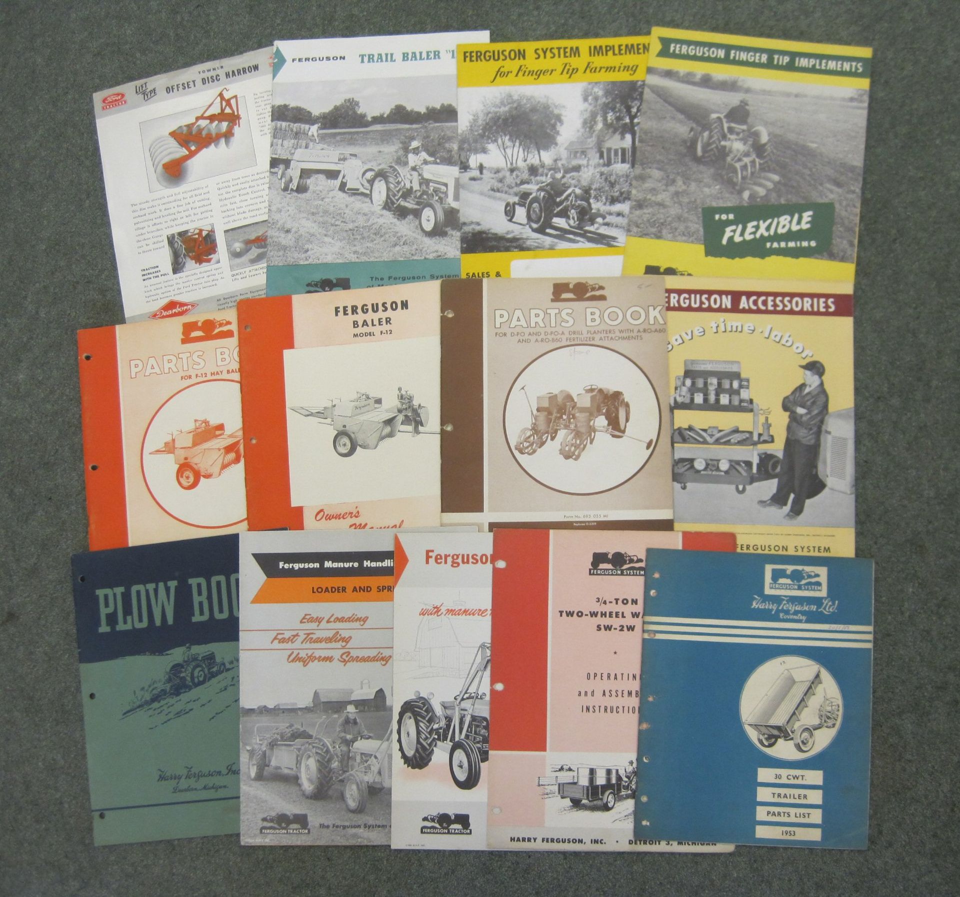 Various implement brochures and flyers, parts books, owners manuals etc. To include 30cwt trailer,