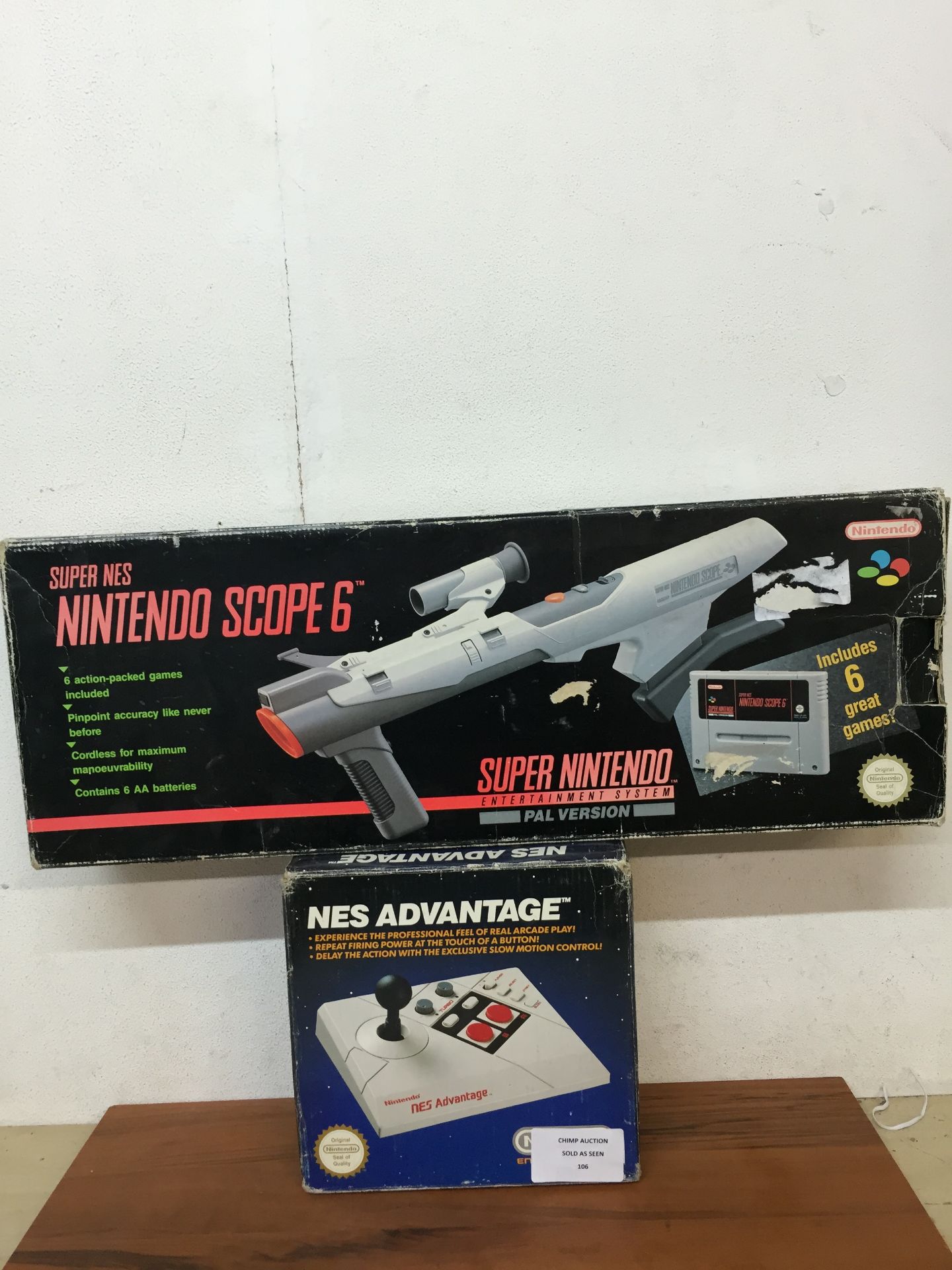 BOXED RETRO SUPER NINTENDO SCOPE 6 & GAME + NINTENDO NES ADVANTAGE ARCADE CONTROLLER