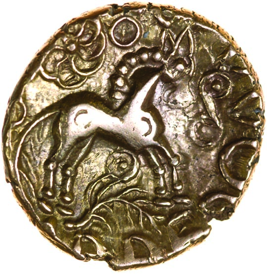 Addedomaros Floral Spiral. c.45-25 BC. Celtic gold stater. 18mm.