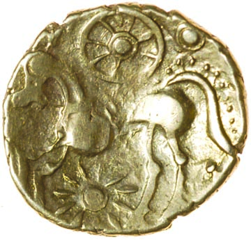 Danebury Scrolls with Dotty Tail. c.60-50 BC. Celtic gold quarter stater. 11mm. 1.20g.