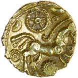 Tring Wheel. c.55-45 BC. Celtic gold quarter stater. 13mm. 1.29g.