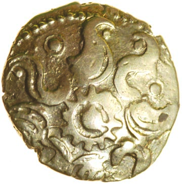 Danebury Scrolls with Dotty Tail. c.60-50 BC. Celtic gold quarter stater. 11mm. 1.20g. - Image 2 of 2