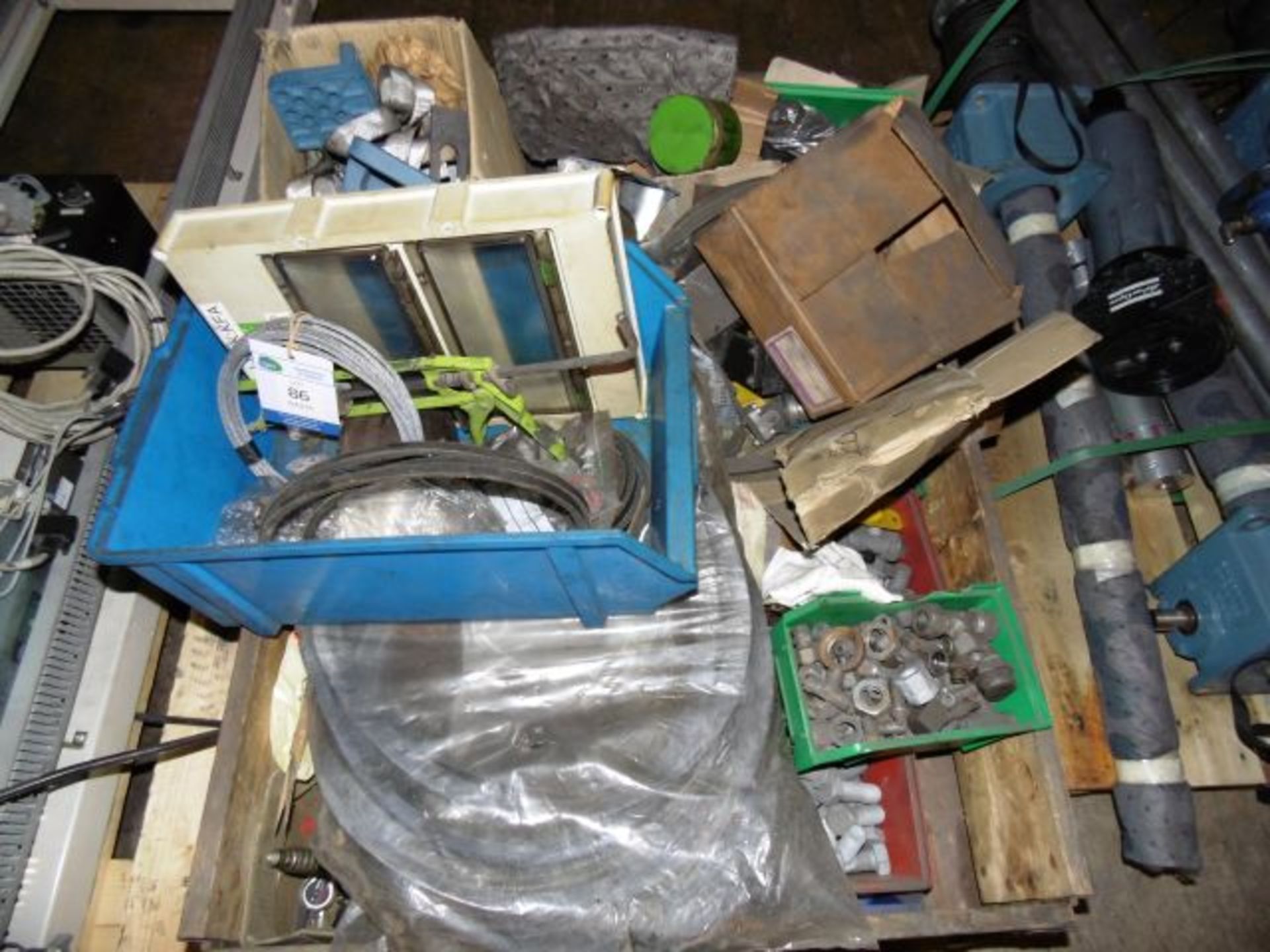 Pallet of assorted Spares including Nuts & Bolts, Castors, Belts etc. Loaded onto Buyer's Transport