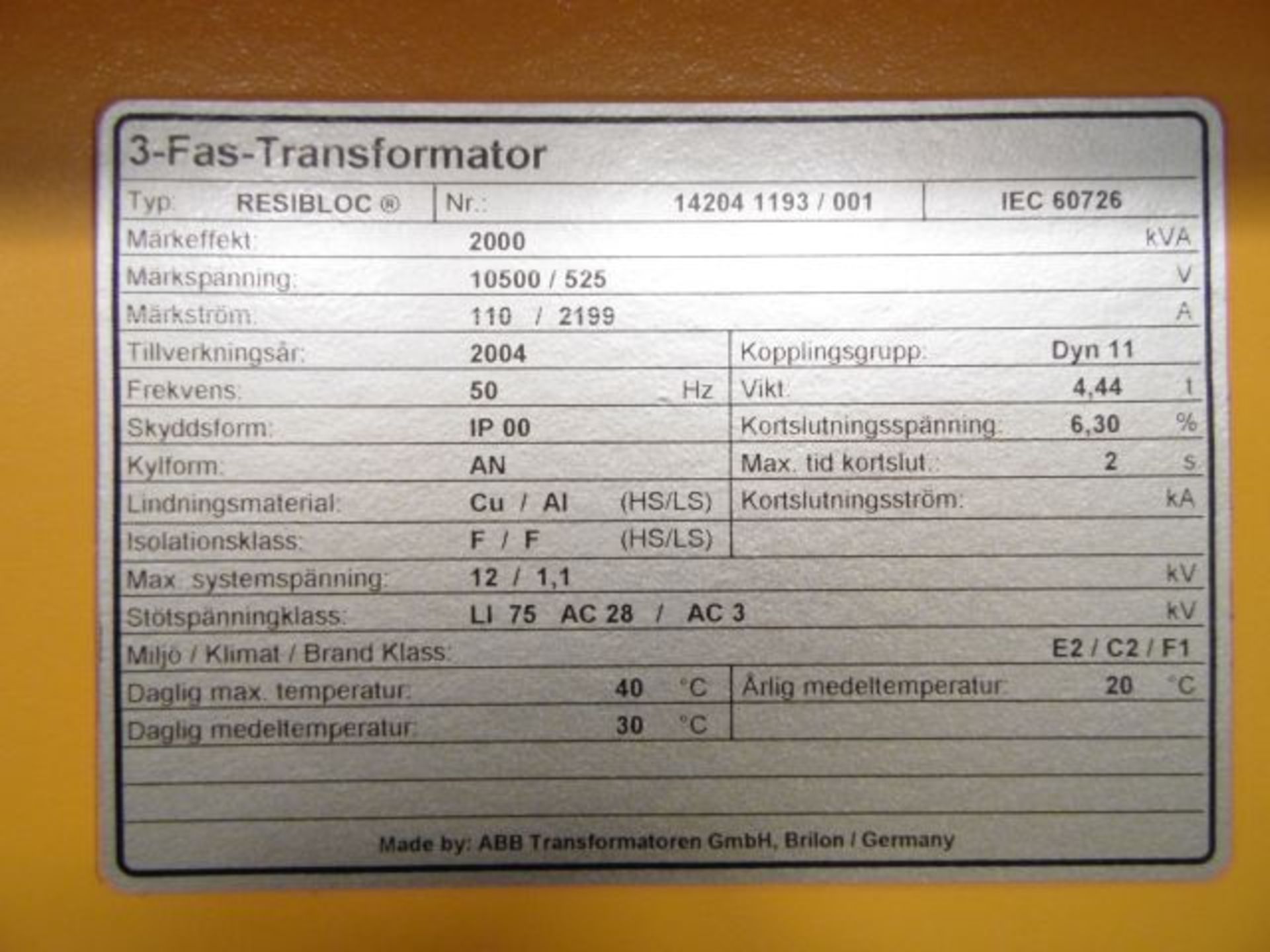 * 2004 ABB Resi Bloc 2000kva 3 Phase Transformer; 10500/525v; 110/2199A; Serial No 14204 1193 001 c - Image 4 of 6