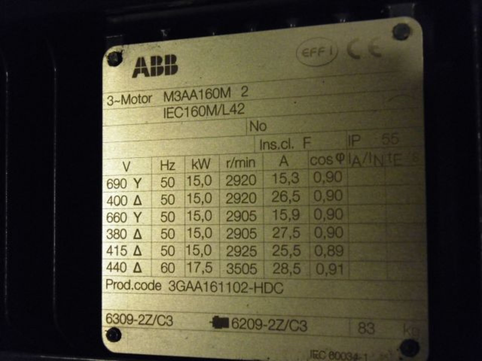 * ABB 15kw 3 Phase Motor; Type M3AA 160M2; 83KG; 2920 R/MIN. Loaded onto Buyer's Transport - Image 2 of 2