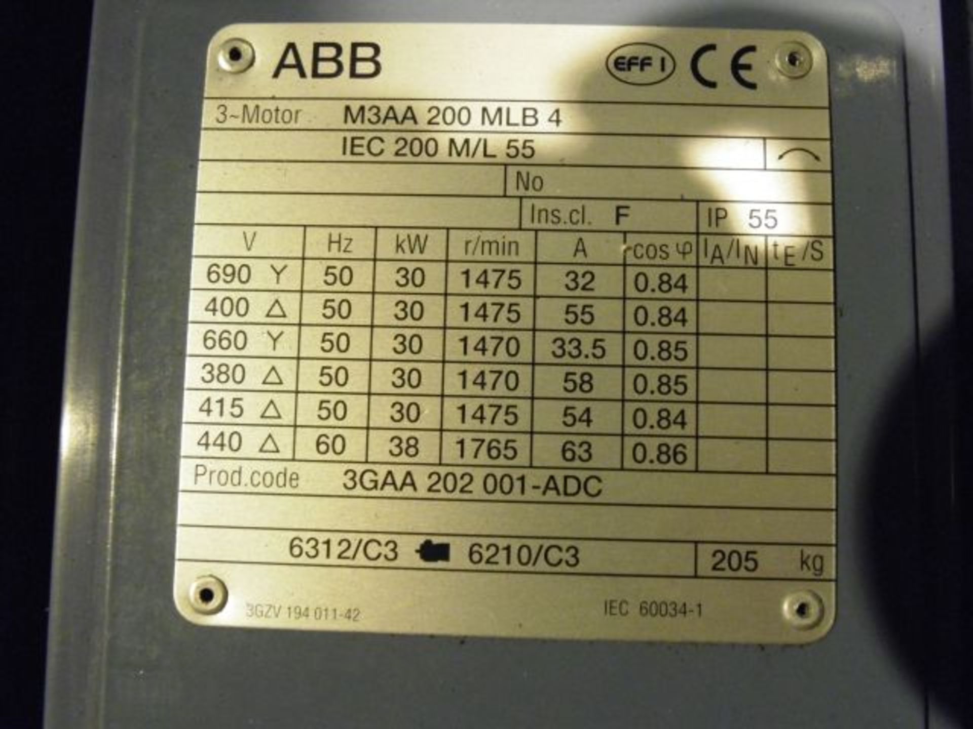 * ABB 30kw 3 Phase Motor; Type M3AA 200MLB 4; 205kg; 1475 R/Min. Loaded onto Buyer's Transport - Image 2 of 2