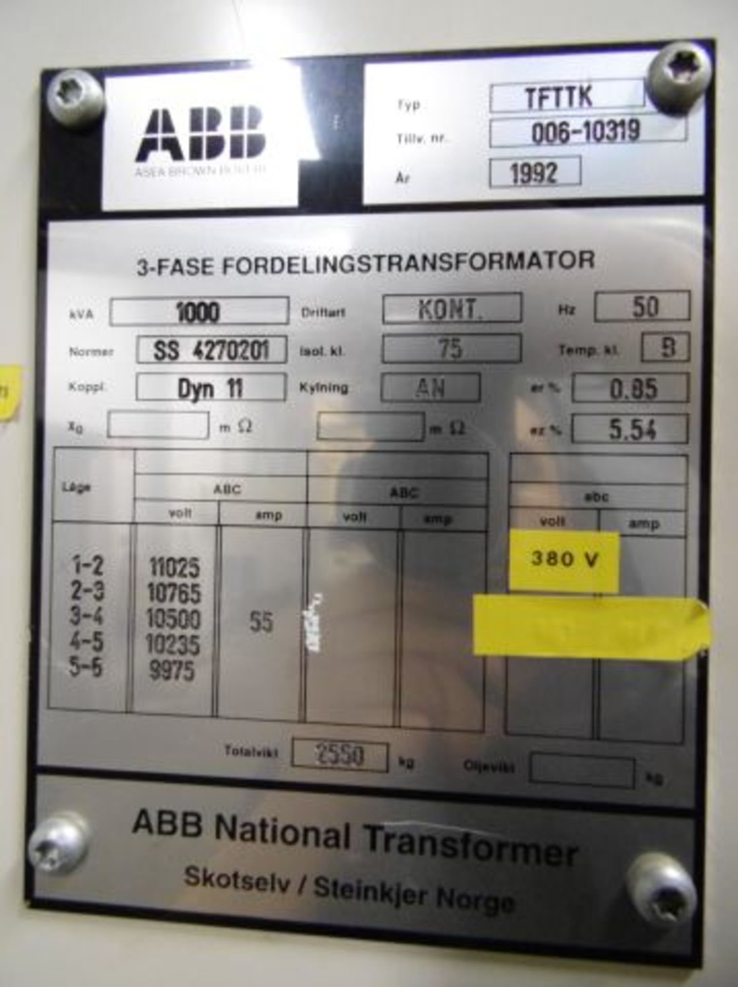 * 2 x Combined 1000kva 3 Phase Transformers to include 1992 ABB 1000kva type TFTTK; 11.025kv/0.38kv - Image 7 of 7