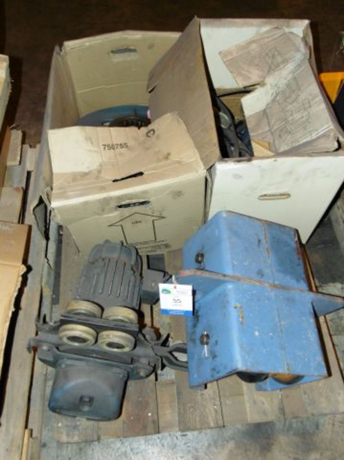 Pallet of assorted Crane Spares including Wheels, Demag Electric Hoist & Carriages. Loaded onto
