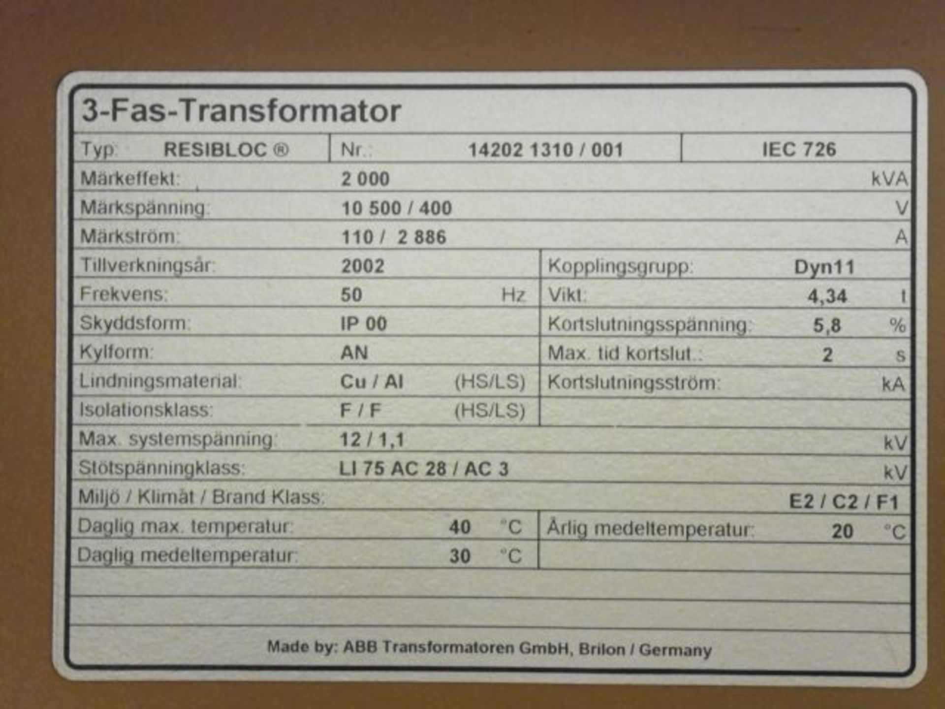 * 2002 ABB Resi-Bloc 2000kva 3 Phase Transformer; - Image 7 of 7