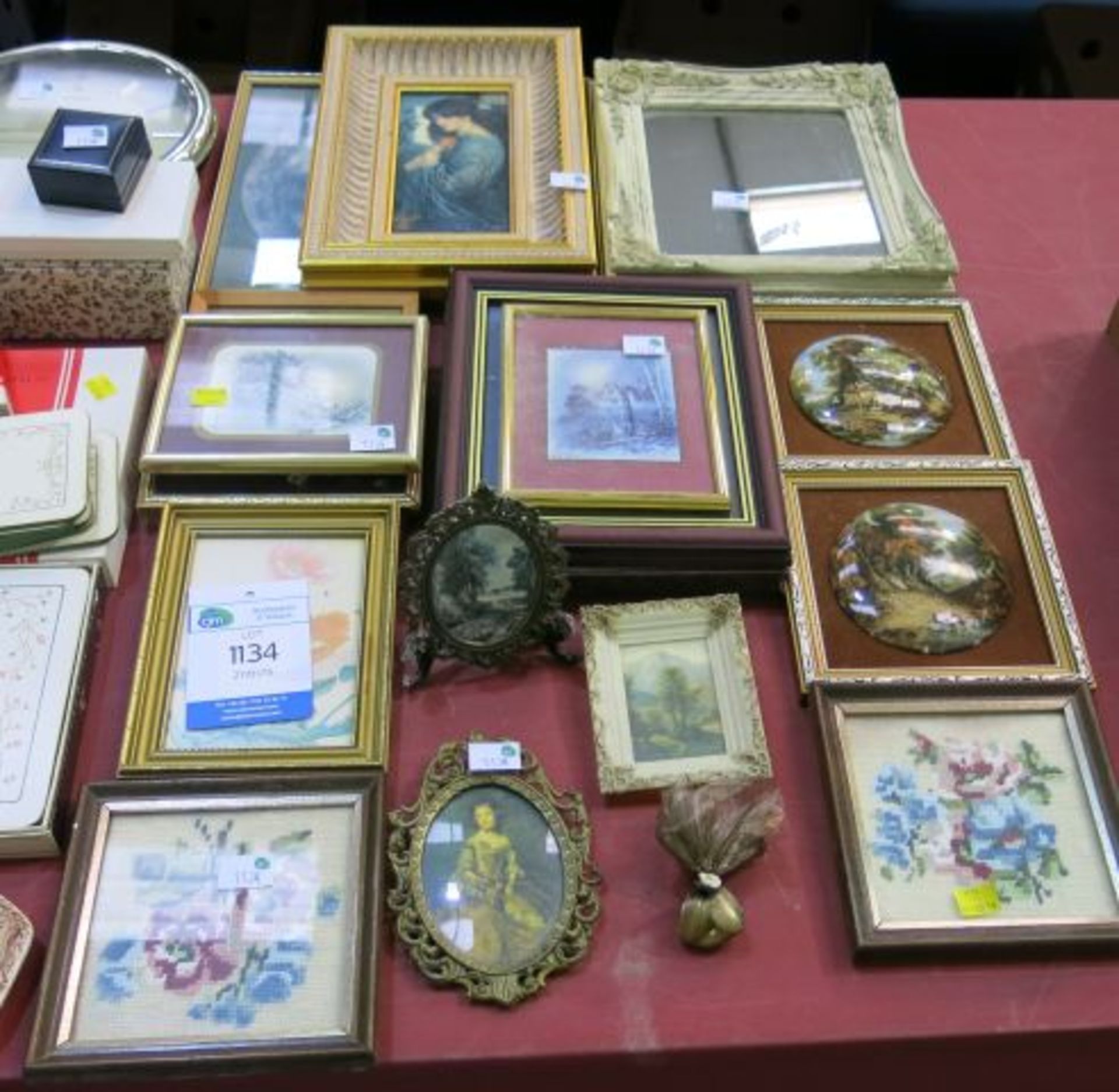 Miscellaneous lot of Pictures, two Wall Clocks, large Meat Plate, small blue Pouffe Box, small box