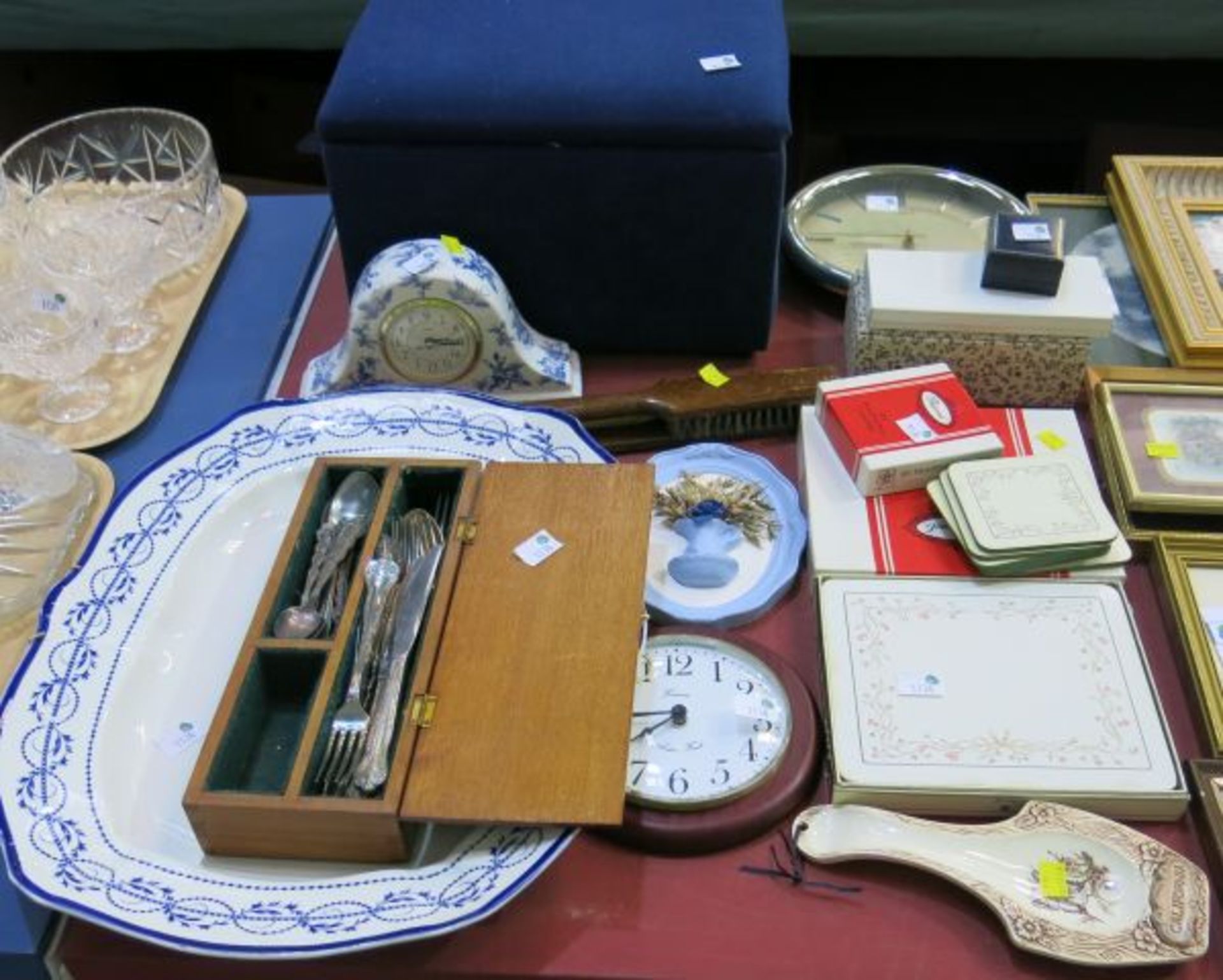 Miscellaneous lot of Pictures, two Wall Clocks, large Meat Plate, small blue Pouffe Box, small box - Image 2 of 2