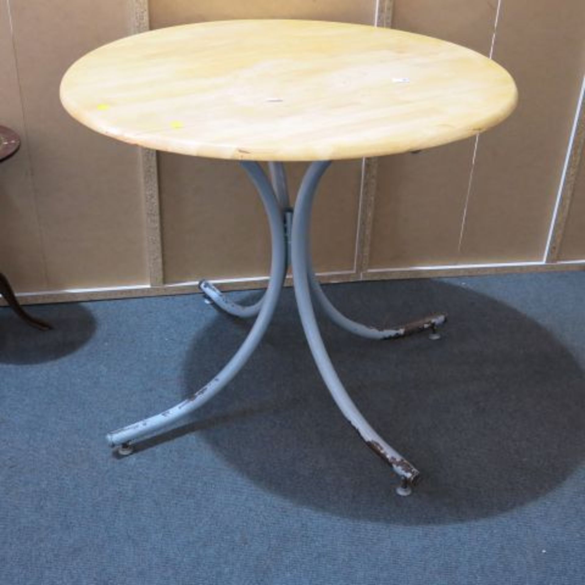 Four Tables. Two Pine Tables 90cm in diameter on Grey Painted Metal Supports, A Bleached Pine