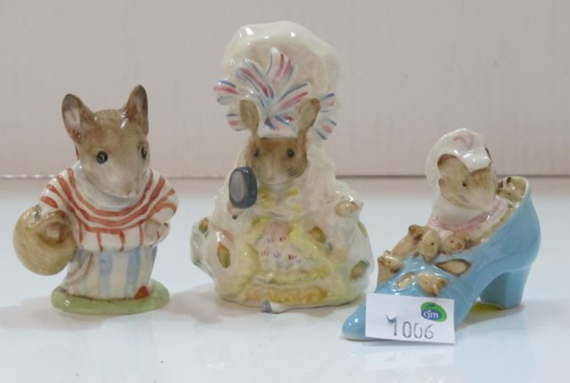 Three Beswick Beatrix Potter Figures with Gold Backstamps. Mrs Tittlemouse (Style 1), The Old Woman