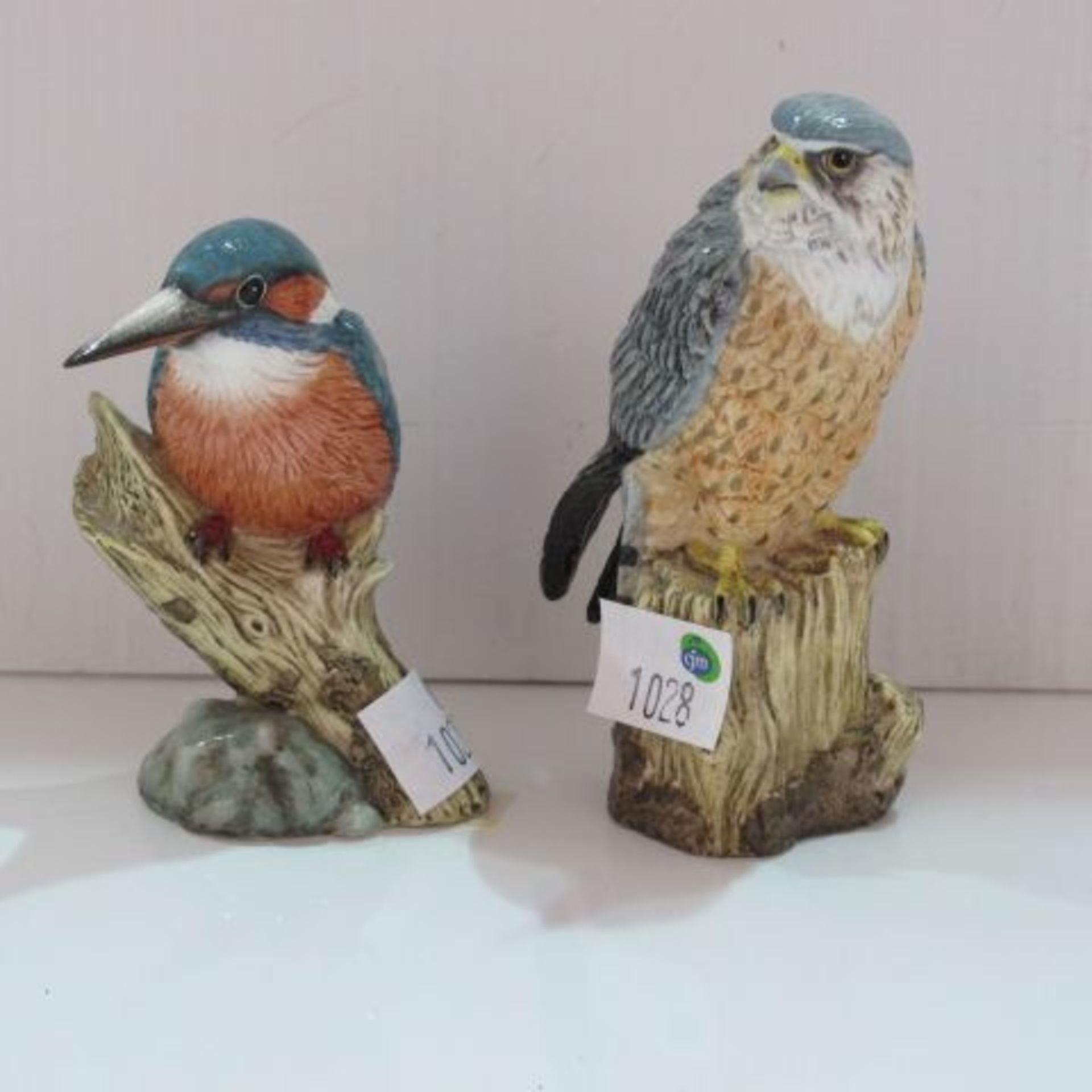 Two Hand Painted Mack Fine Bone China Figures - A Merlin and Kingfisher - Signed. J. Mack (est. £