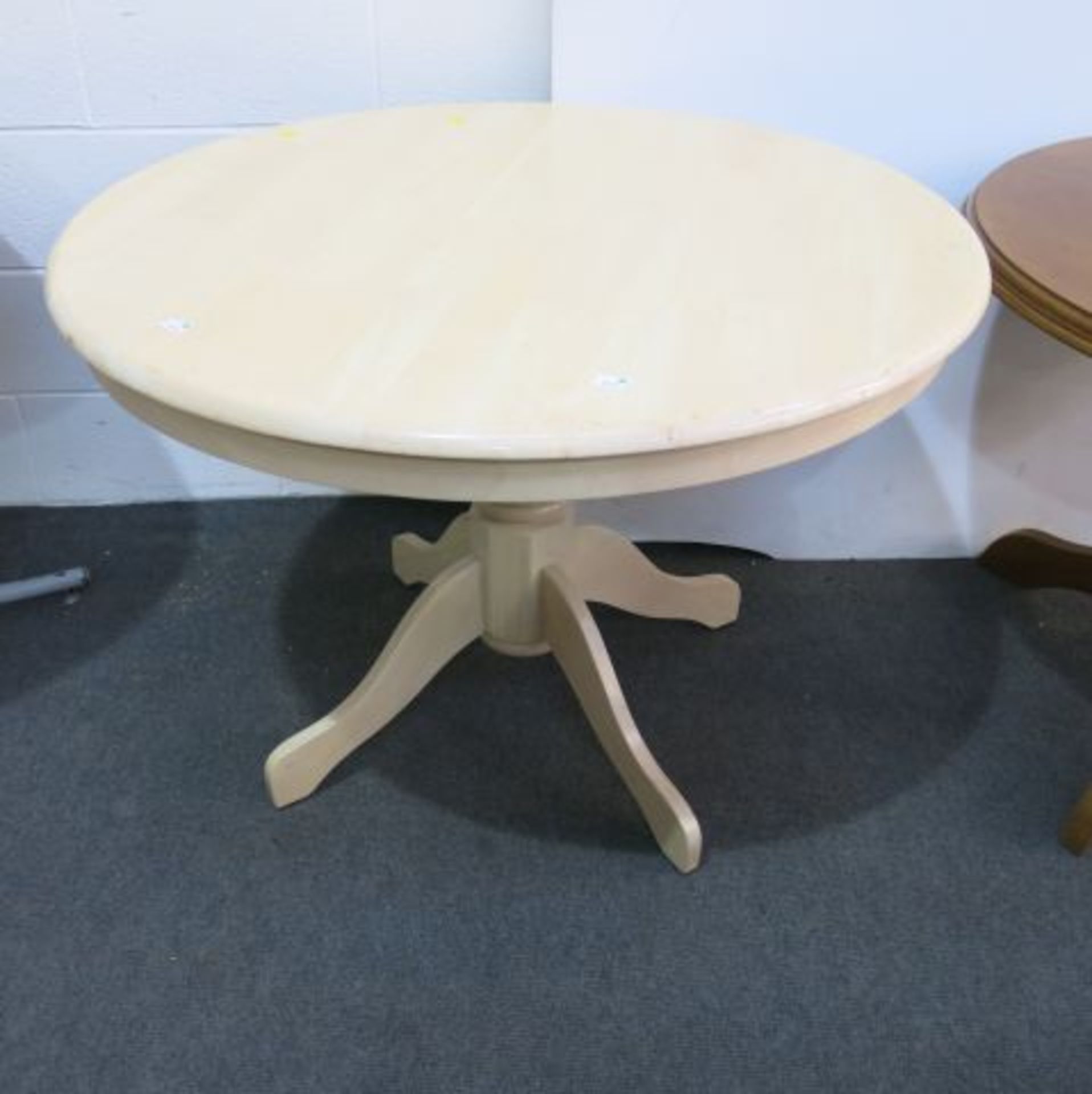 Four Tables. Two Pine Tables 90cm in diameter on Grey Painted Metal Supports, A Bleached Pine - Image 3 of 4