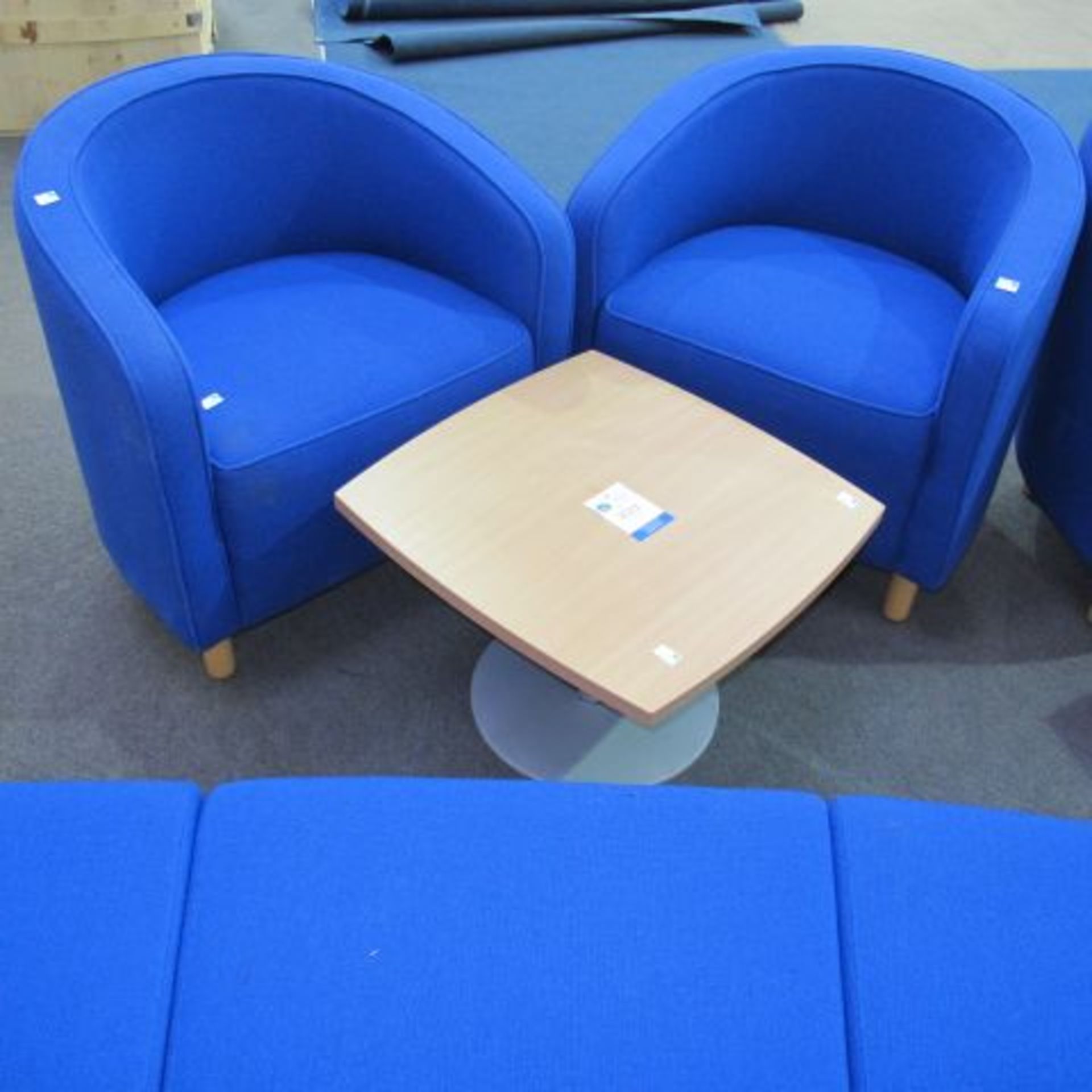 * A set of two blue Fabric covered Reception 'Tub' Chairs with a Swivel Top Laminated Pine Table,