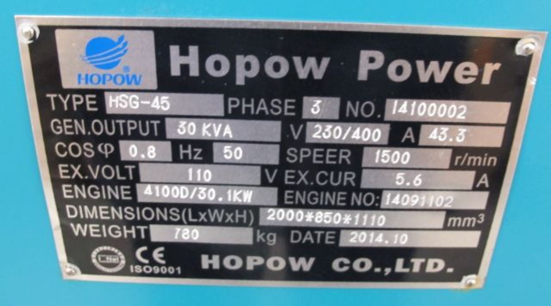 * 2014 Hopow Power Type HSG-45 Skid Mounted Silent Diesel Generator; new & unused/1 x recorded hour - Image 4 of 6