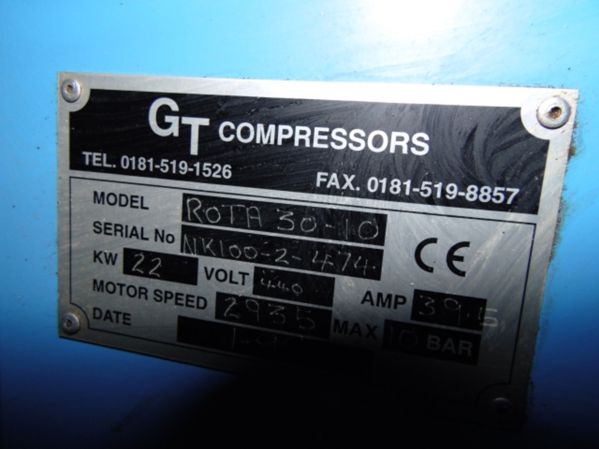 1998 GT MODEL ROTA 30-10 10 BAR AIR COMPRESSOR; 3 PHASE; 22KW; 4382 RECORDED HOURS; SERIAL NO - Image 3 of 3