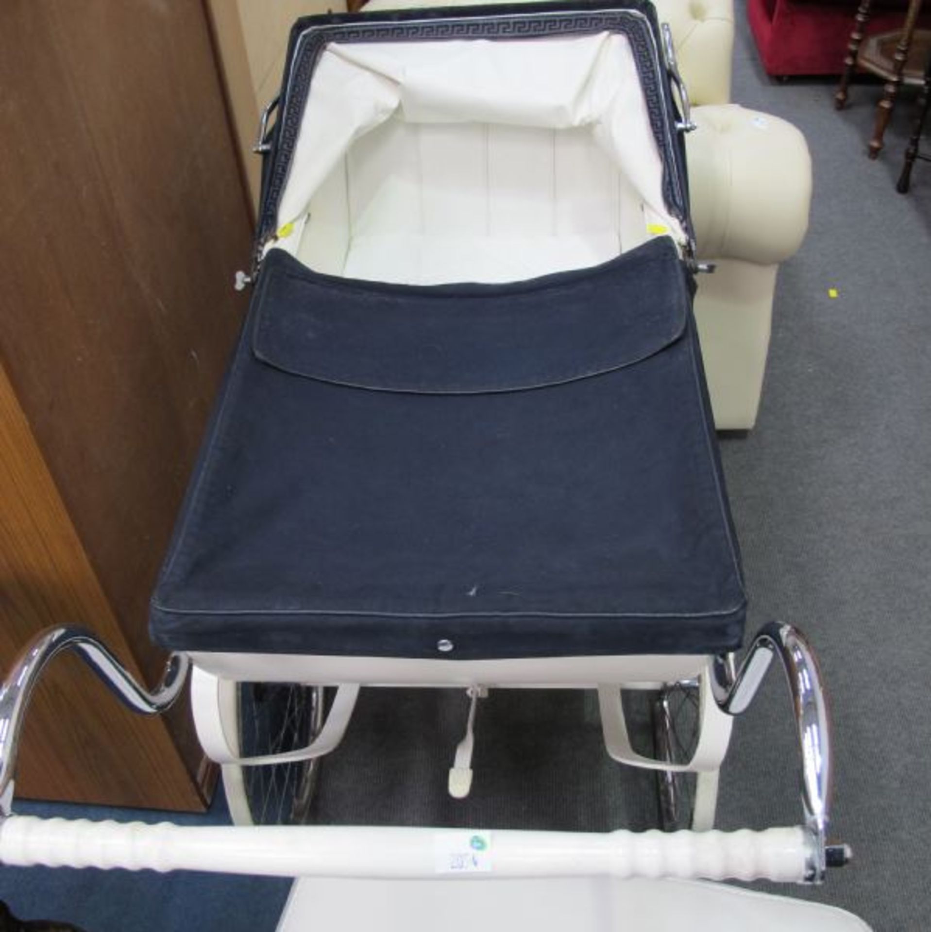 A Manton Metal Bodied Blue Canvas Top Perambulator.  (est. £20-£30) - Image 2 of 2