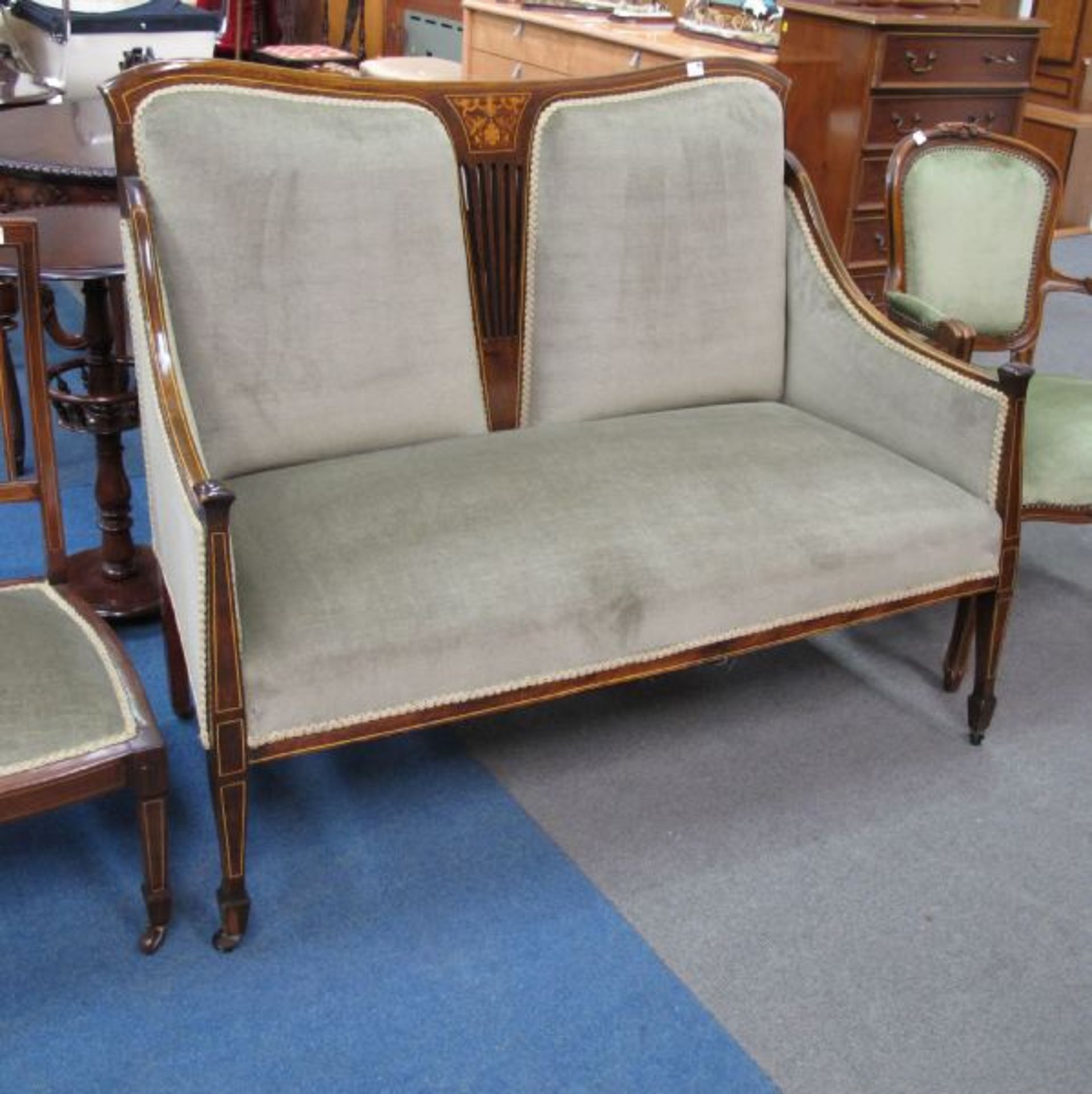 An Edwardian Inlaid Mahogany Two Seat High Back Settee; A similar Railback Nursing Chair together - Image 3 of 4