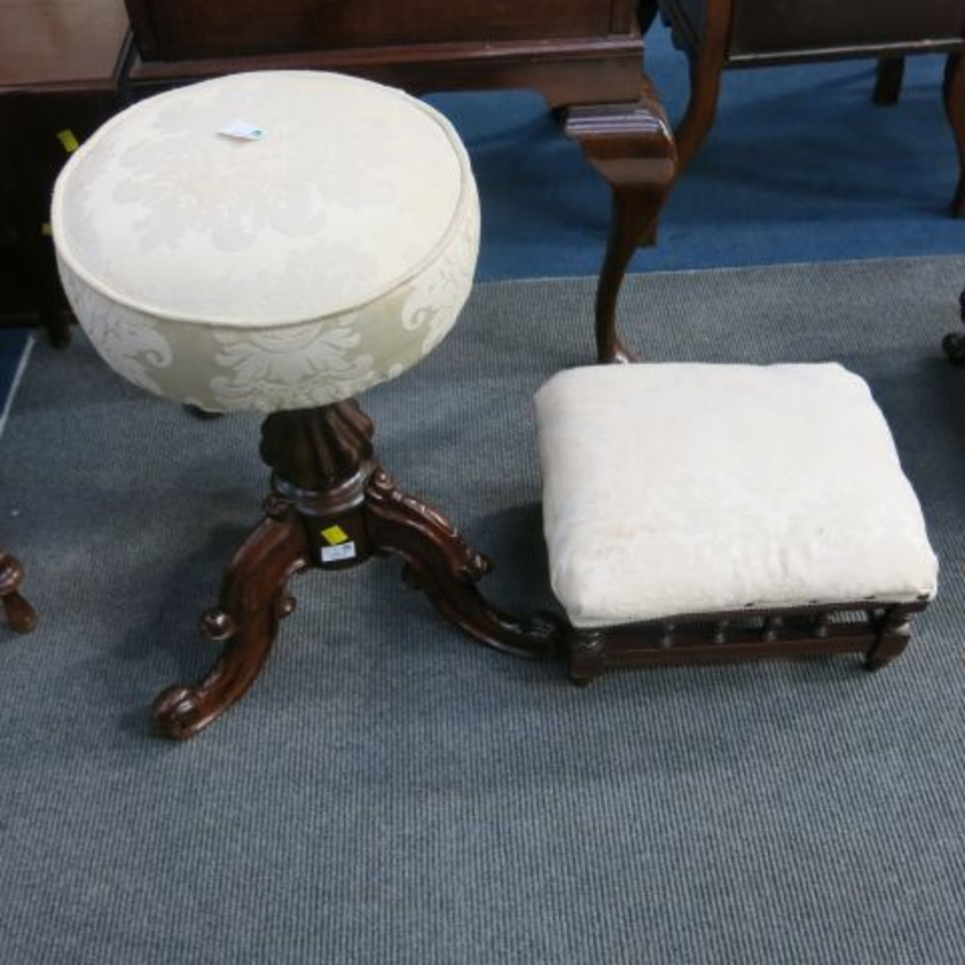 A Victorian Mahogany Pedestal Piano Stool Together With an Edwardian Galleried Footstool.  (2) (est.