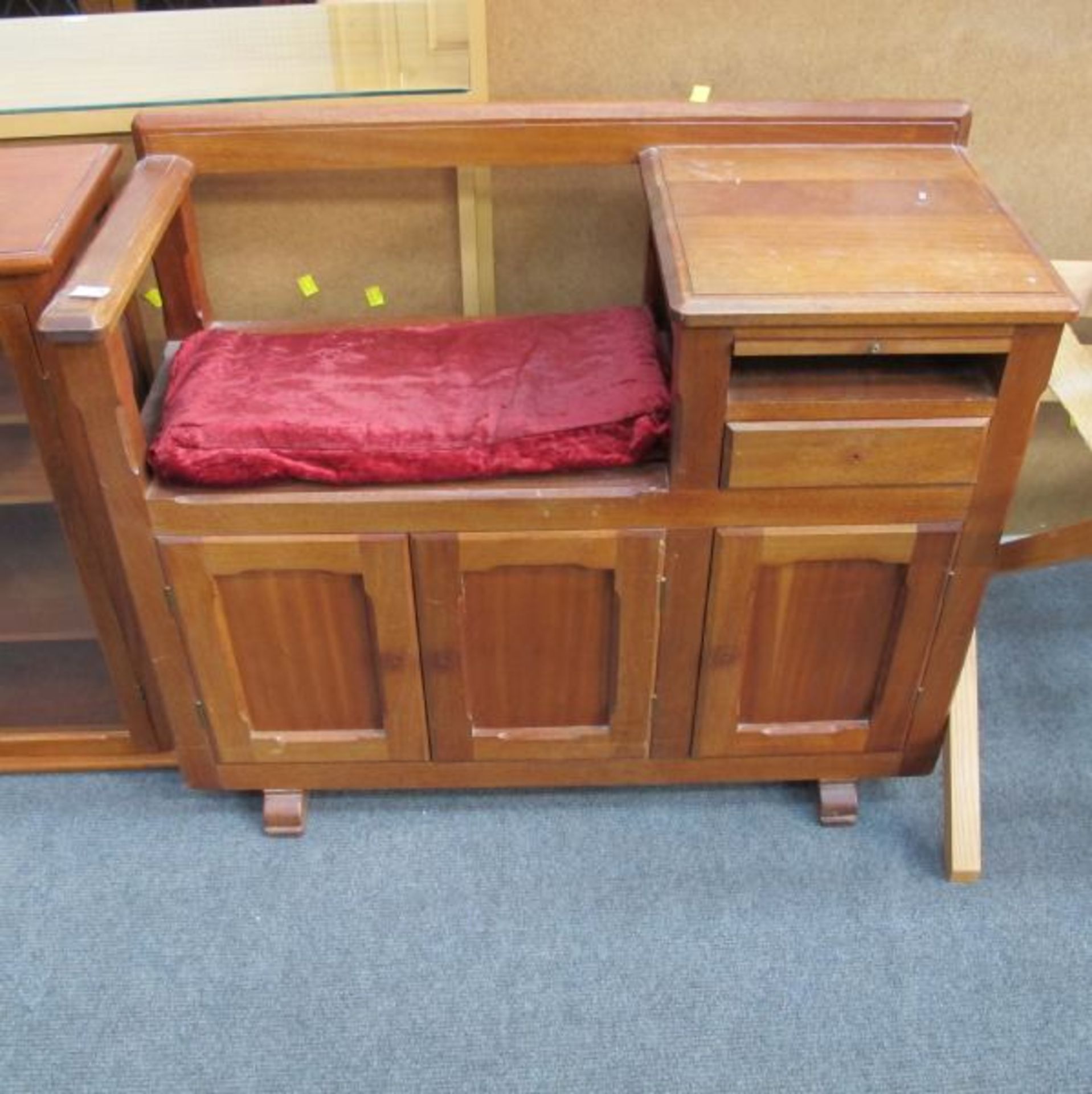 A Teak Hall/Telephone Seat; a Small Glazed Cabinet and a Melamine CD Storage Cupboard.  (3) (est. £ - Image 2 of 2